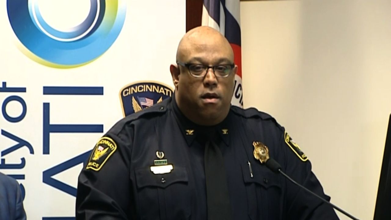 Cincinnati Police Chief Eliot Isaac addresses reporters after Sunday morning's fatal shooting.