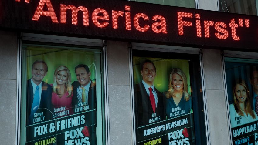 NEW YORK, NY - FEBRUARY 17: At left, an advertisement for 'Fox And Friends' is displayed outside of the Fox News studio, February 17, 2017 in New York City. President Trump, a frequent consumer and critic of cable news, recently tweeted that Fox and Friends is 'great'. (Photo by Drew Angerer/Getty Images)