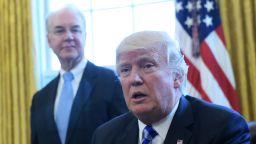 US President Donald Trump, with Health and Human Services Secretary Tom Price (L), speaks from the Oval Office of the White House in Washington, DC, on March 24, 2017. 
Trump on Friday asked US Speaker of the House Paul Ryan to withdraw the embattled Republican health care bill, moments before a vote, signaling a major political defeat for the US president.
