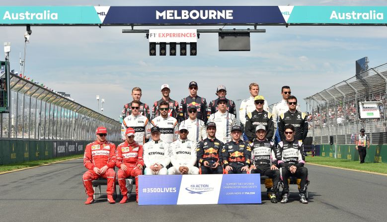 The drivers posed for a group photo at Albert Park. <br /><br /><em>Front row (L-R): </em>Kimi Raikkonen, Sebastian Vettel (Ferrari); Valtteri Bottas, Lewis Hamilton (Mercedes); Daniel Ricciardo, Max Verstappen (Red Bull); Sergio Perez, Esteban Ocon (Force India).<br /><em>Middle row (L-R)</em>: Stoffel Vandoorne, Fernando Alonso (McLaren); Felipe Massa, Lance Stroll (Williams); Nico Hulkenberg, Jolyon Palmer (Renault).<br /><em>Back row (L-R):</em> Kevin Magnussen, Romain Grosjean (Haas F1); Daniil Kvyat, Carlos Sainz Jr. (Toro Rosso); Marcus Ericsson, Pascal Wehrlein (Sauber).       