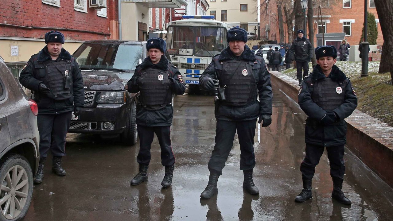 Police outside the court ahead of Navalny's appearance.