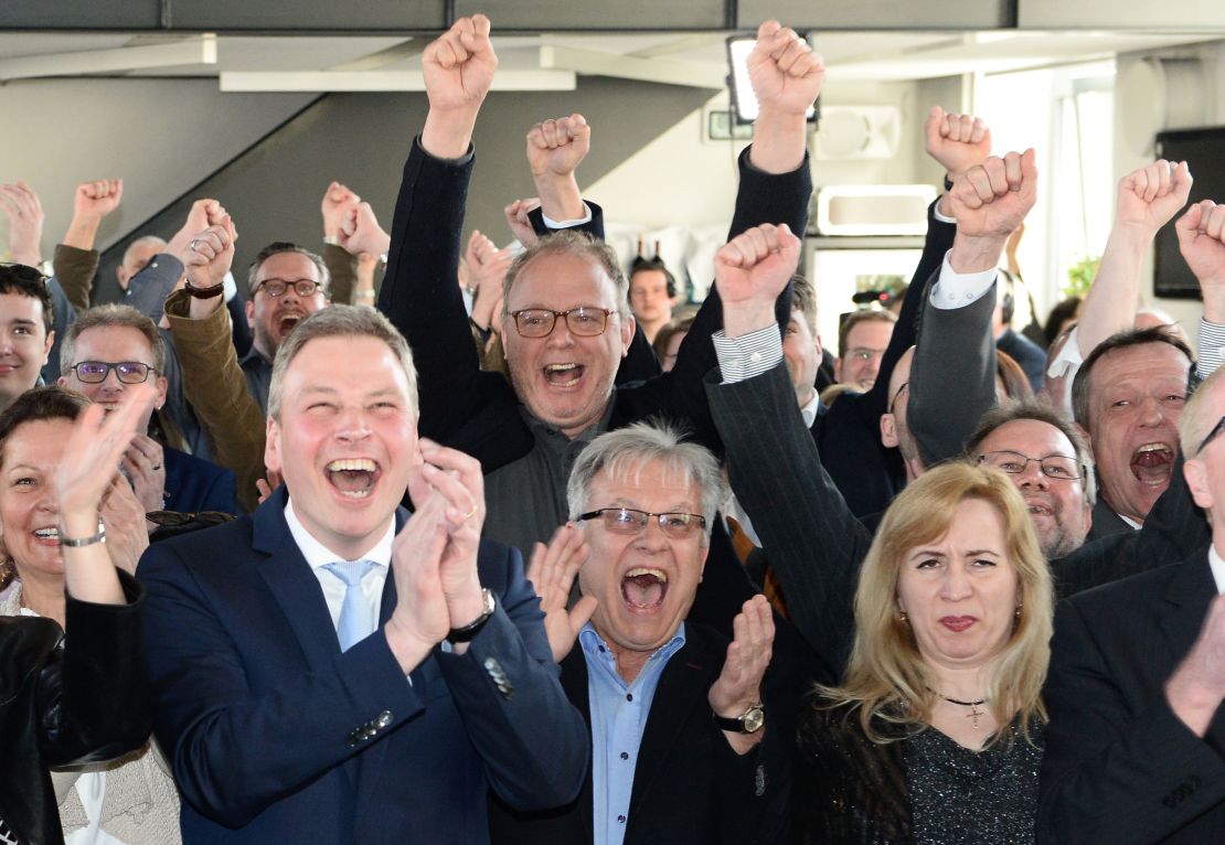 Supporters of the Christian Democratic Union (CDU) react after exit poll results  in Saarland were announced on March 26, 2017.