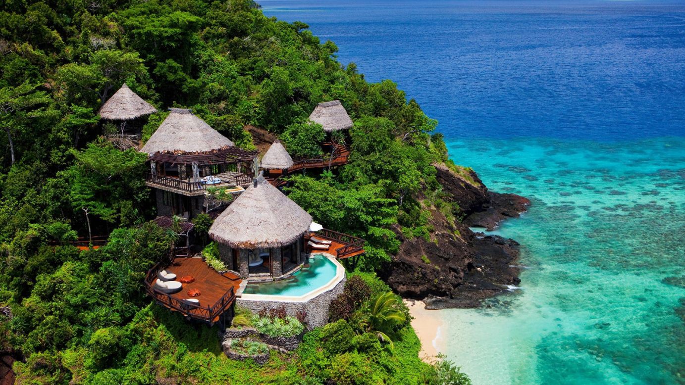 <strong>Laucala Island (Fiji): </strong>Beautiful is an understatement for this 3,500-acre private island resort. Each of the 25 Fijian bure-inspired villas is equipped with tropical gardens and infinity pools.<strong> </strong>