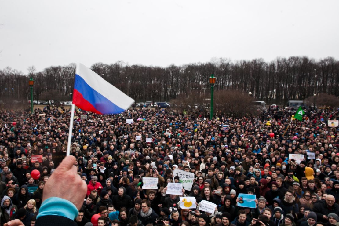 Opposition supporters participate in an anti-corruption rally in central Saint Petersburg on March 26.