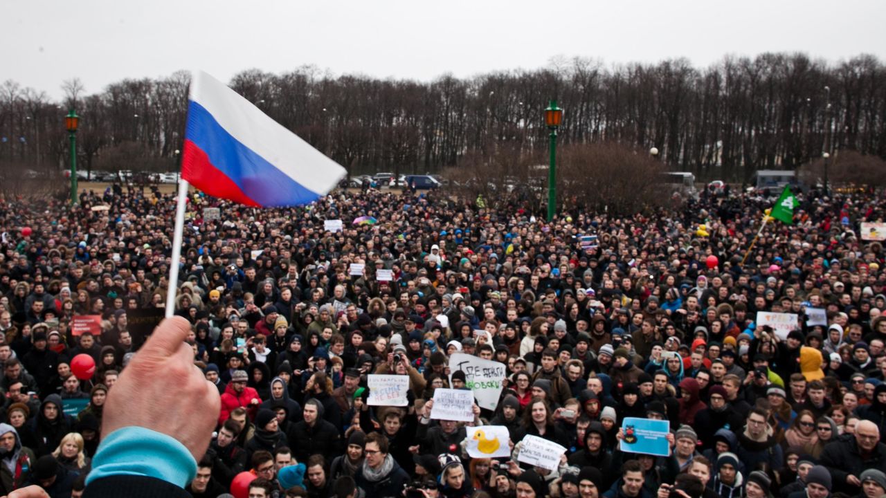 Opposition supporters participate in an anti-corruption rally in central Saint Petersburg on March 26.