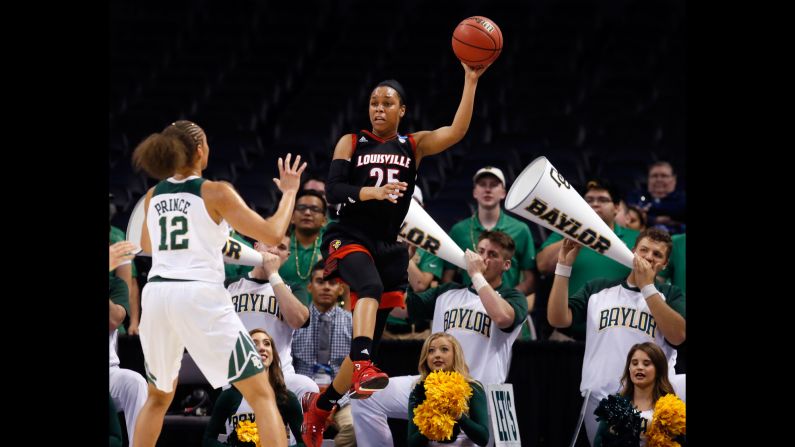 Louisville guard Asia Durr saves a ball from going out of bounds during the first half of a regional semifinal of the women's NCAA Tournament, on Friday, March 24, in Oklahoma City. Louisville fell to Baylor 97-63 in the Sweet 16 round.