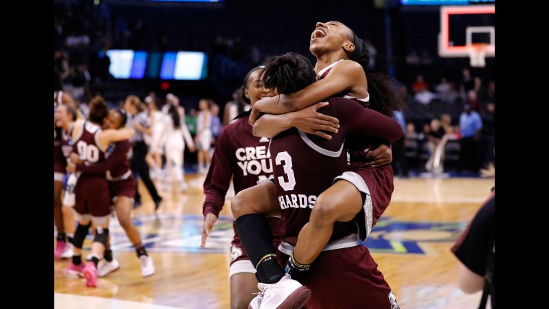 Mississippi State's Morgan William, right, celebrates with teammate Breanna Richardson after beating Baylor during a regional final of the women's NCAA Tournament on Sunday, March 26, in Oklahoma City. Mississippi State won 94-85. 