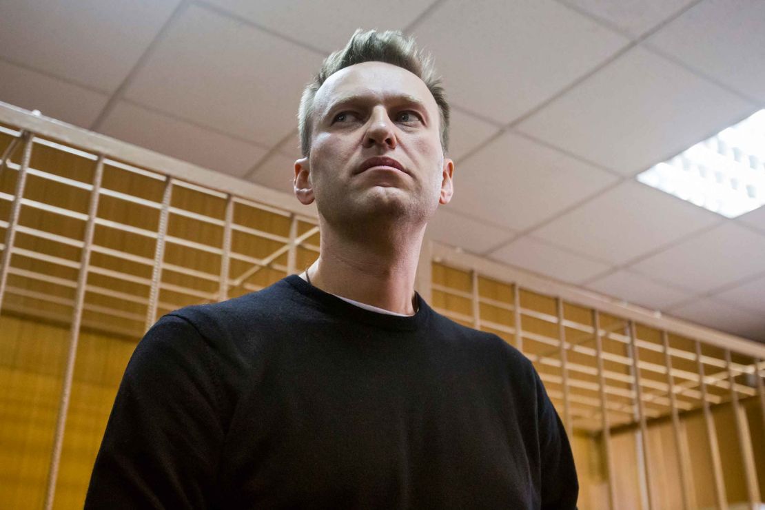 Russian opposition leader Alexei Navalny appears in a Moscow court on Monday March 27, 2017. 