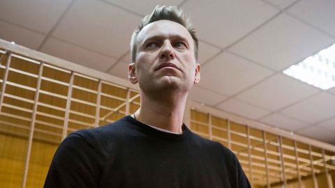 Russian opposition leader Alexei Navalny appears in a Moscow court on Monday March 27, 2017. 