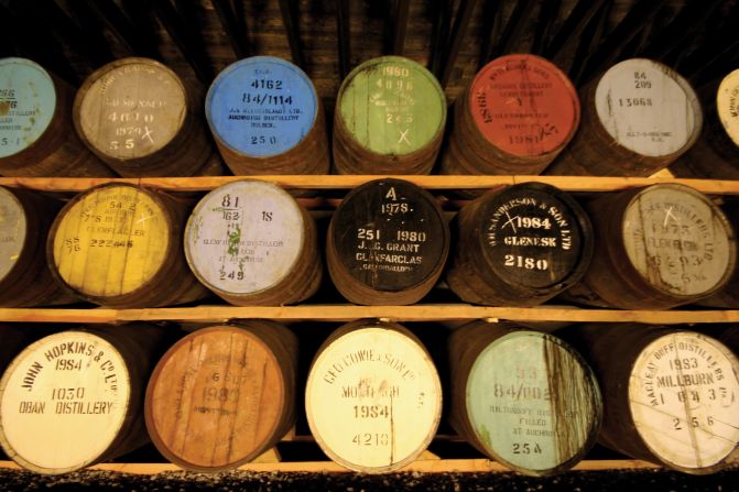 These barrels are storing whiskey in the Knockando distillery in Scotland.<br />