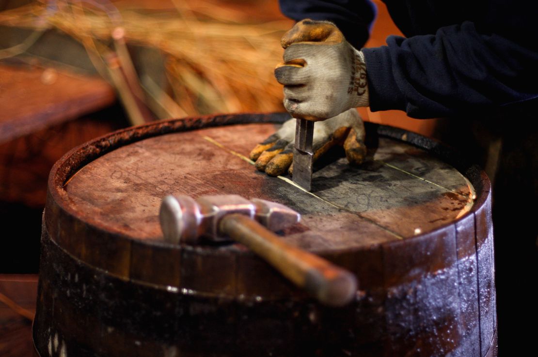 Hickory wood is often used to make the circular tops and bottoms of whiskey barrels