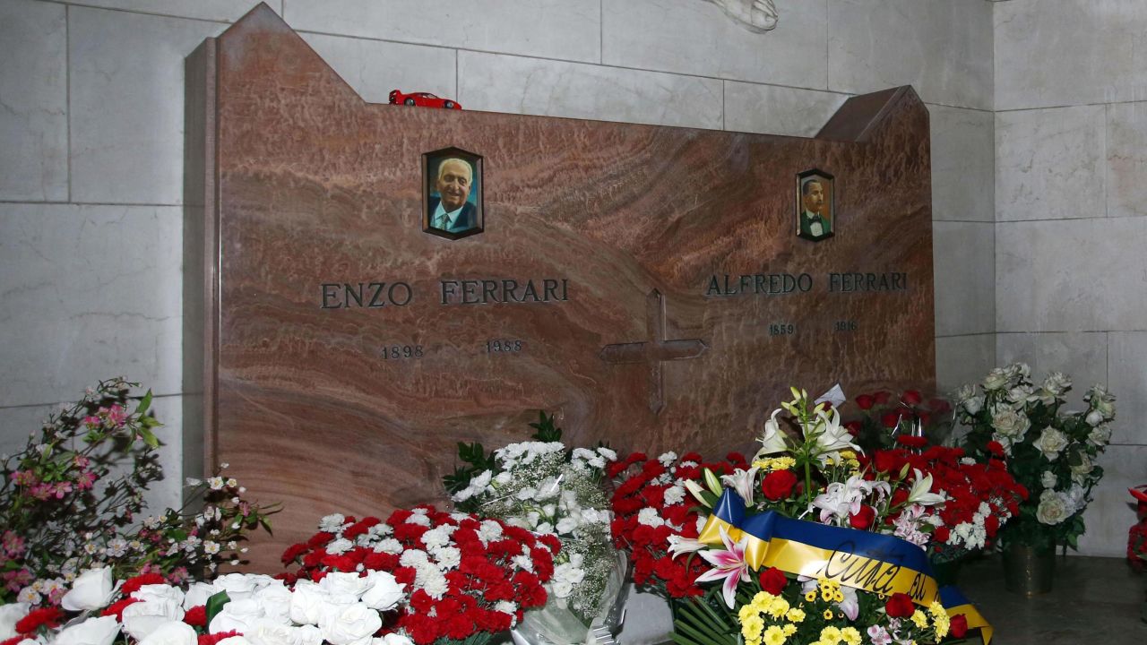 The tomb of Enzo Ferrari in a cemetery in Modena, Italy.