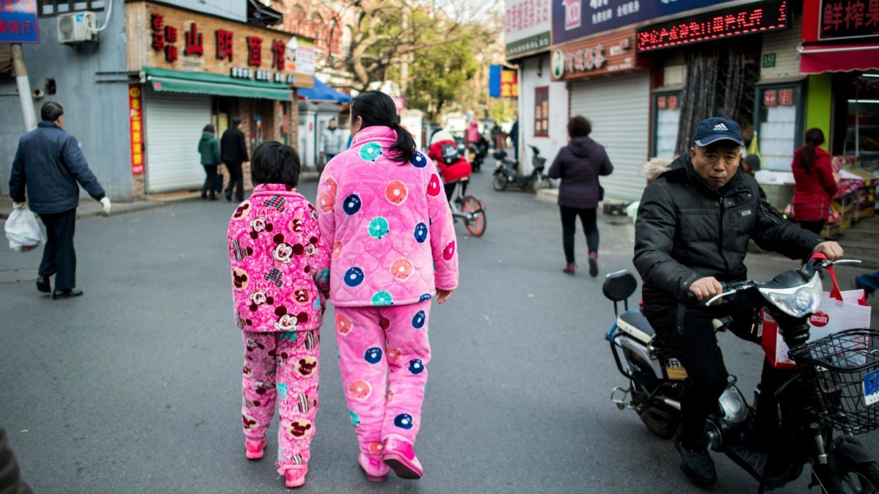 Patterned pyjamas on public parade.