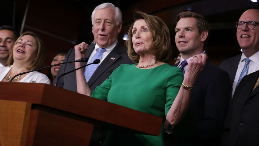House Minority Leader Nancy Pelosi is joined by Rep. Linda Sanchez, House Minority Whip Steny Hoyer, Rep. Eric Swalwell, and Rep. Joe Crowley for a news conference in the House Vistiors Center in the U.S. Capitol March 24, 2017 in Washington, DC.
