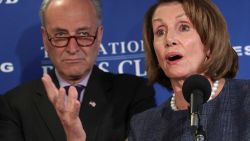 WASHINGTON, DC - FEBRUARY 27:  Senate Minority Leader Charles Schumer (D-NY) (L) and House Minority Leader Nancy Pelosi (D-CA) deliver a 'prebuttal' to President Donald Trump's upcoming address to a joint session of Congress at the National Press Club February 27, 2017 in Washington, DC. Trump has been invited by Speaker of the House Paul Ryan (R-WI) to deliver a speech Tuesday on the floor of the House of Representatives.  (Photo by Chip Somodevilla/Getty Images)
