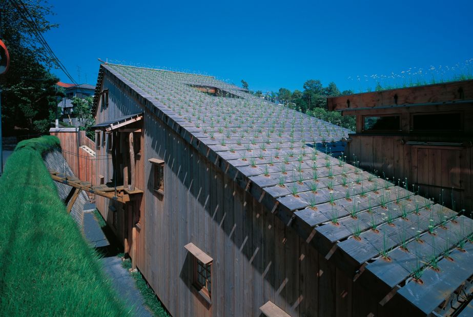 This is a fine example of Terunobu Fujimori's 'greening architecture,' where he interweaves the natural with the man-made. This house, designed for conceptual artist Genpei Akasegawa, has Chinese leeks growing on its roof. 