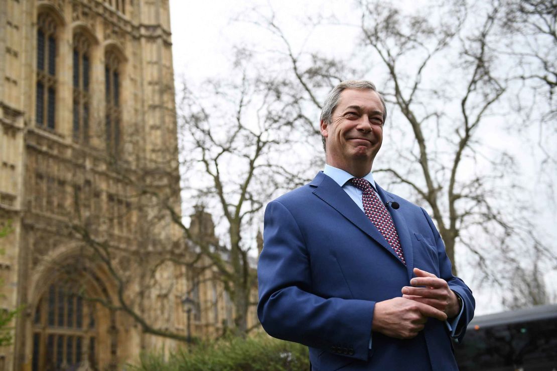 A jubilant Nigel Farage outside the Houses of Parliament in London. 