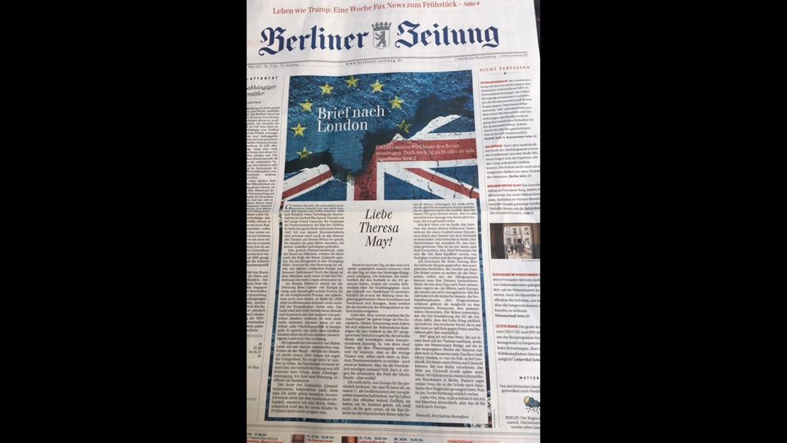 The front page of the Berliner Zeitung features a "letter to London."