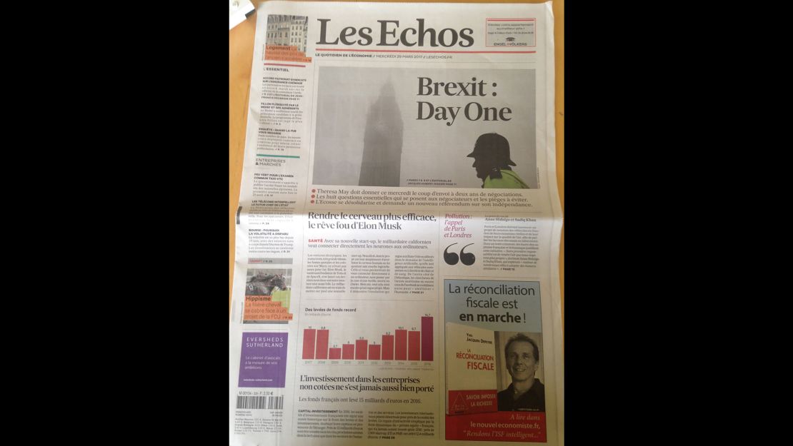 The front page of Les Echos talks about "Brexit: Day one" and shows London's iconic Elizabeth Tower.