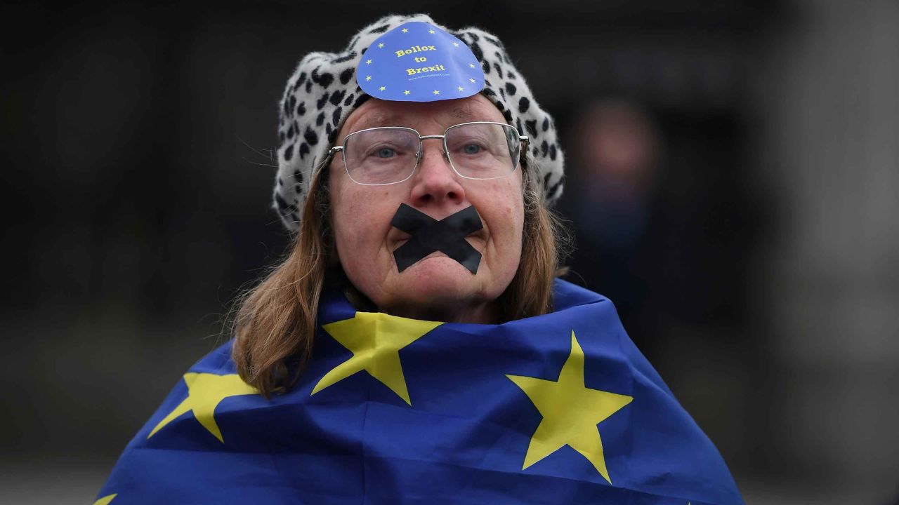 A pro-EU supporter draped in an EU flag near the Houses of Parliament in London on March 29, 2017.