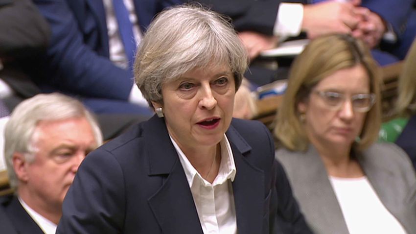 Britain's Prime Minister Theresa May speaks in the House of Commons in London in this image taken from video Wednesday March 29, 2017. May will announce to Parliament that Britain is set to formally file for divorce from the European Union Wednesday, ending a 44-year relationship, enacting the decision made by U.K. voters in a referendum nine months ago and launching both Britain and the bloc into uncharted territory. (Parliamentary Recording Unit via AP)