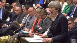 A still image taken from footage broadcast by the UK Parliamentary Recording Unit (PRU) on March 29, 2017 shows British Prime Minister Theresa May at the dispatch box making a statement in the House of Commons in London after the letter invoking the provisions of Article 50 of the Lisbon Treaty was delivered to President of the European Council Donald Tusk in Brussels starting Britain's formal withdrawl from the European Union (EU). 
Britain formally launches the process for leaving the European Union on March 29, 2017, a historic step that has divided the country and thrown into question the future of the European unity project. / AFP PHOTO / PRU AND AFP PHOTO / - / RESTRICTED TO EDITORIAL USE - MANDATORY CREDIT " AFP PHOTO / PRU " - NO USE FOR ENTERTAINMENT, SATIRICAL, MARKETING OR ADVERTISING CAMPAIGNS-/AFP/Getty Images