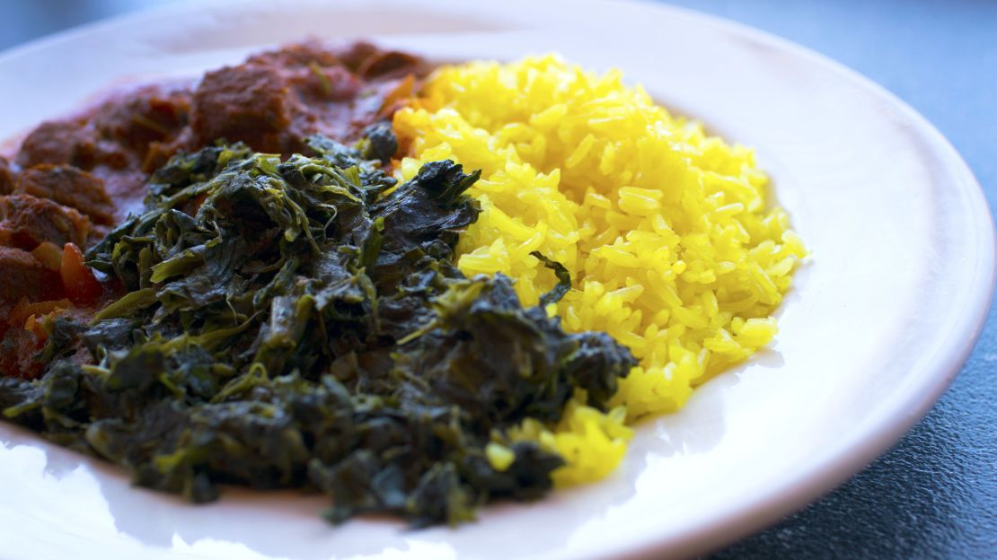 Nairobian beef with spinach and rice is one of Palace International's specialties.