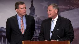 Senator Mark Warner and Senator Richard Burr hold a joint press conference in the Capitol to provide an update on the Committee's investigation of Russian interference in the 2016 election on March 29. 