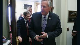 Chairman of the House Freedom Caucus Mark Meadows (R-NC)(R) and Rep. Jim Jordan (R-OH) (L) come out of a closed door meeting with other members, on Capitol Hill March 23, 2017, in Washington, DC. 