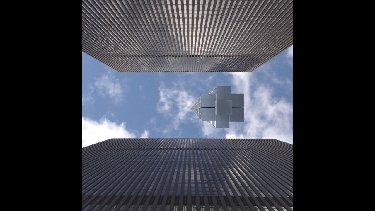 Rendering of Analemma passing above buildings in midtown Manhattan