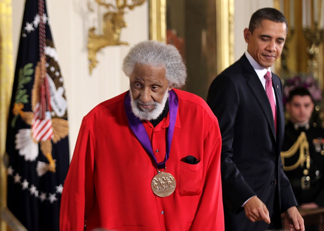 Jazz musician Sonny Rollins steps off the stage after he was presented with the 2010 National Medal of Arts by President Barack Obama on March 2, 2011 at the White House.