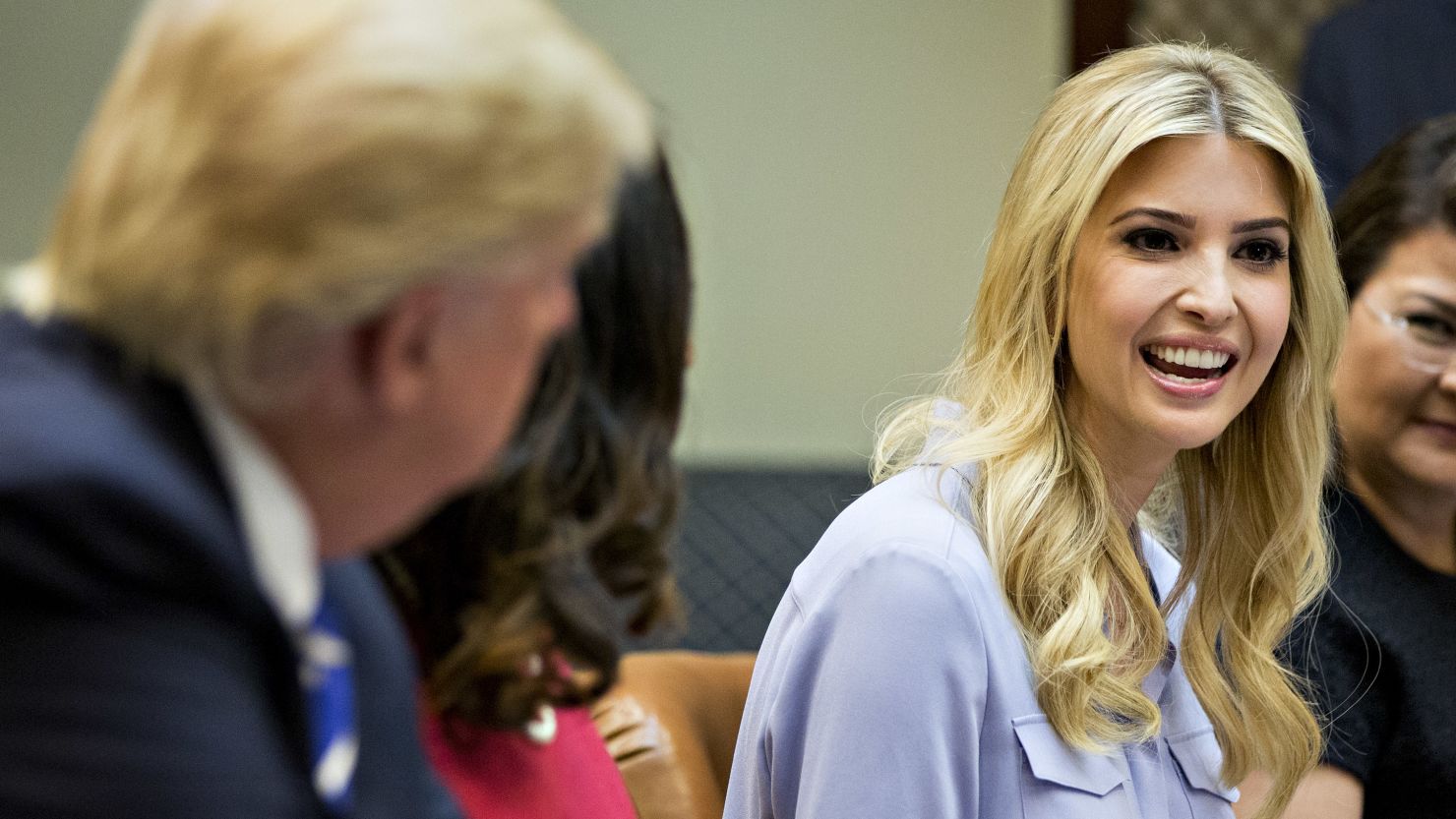 WASHINGTON, DC - MARCH 27:  Ivanka Trump, daughter of U.S. President Donald Trump, speaks as President Trump, left, listens during a meeting with women small business owners in the Roosevelt Room of the White House on March 27, 2017 in Washington, D.C. (Photo by  Andrew Harrer-Pool/Getty Images)