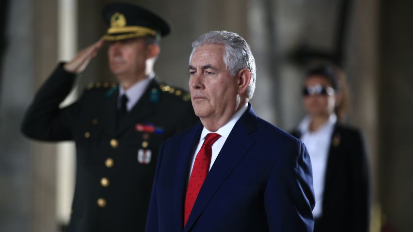U.S. Secretary of State Rex Tillerson stands before laying a wreath at the mausoleum of Turkey's founding father Mustafa Kemal Ataturk, in Ankara, Turkey, Thursday, March 30, 2017. Tillerson and Turkish officials on Thursday discussed ways to coordinate the fight against the Islamic State group in Iraq and Syria, a day after Turkey said it has ended a military operation in northern Syria.