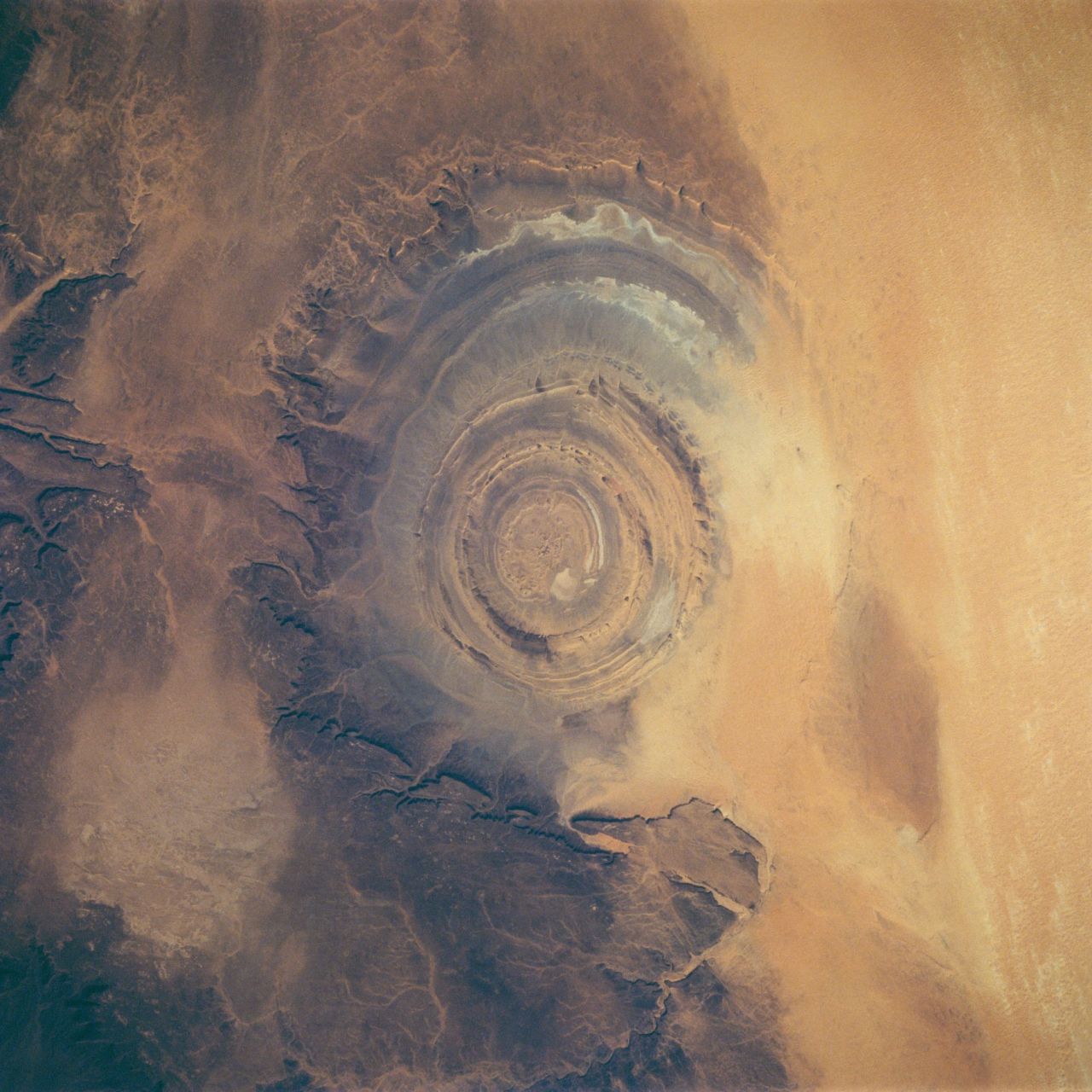 The Richat Structure, a geographical feature in the Sahara, is pictured in 1993 sitting in the Gres de Chinguetti Plateau in central Mauritania, northwest Africa. 