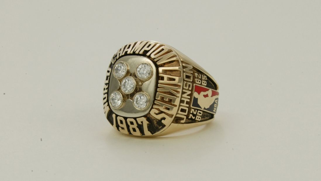 In 1987, the Lakers marked their fifth Los Angeles title with five diamonds on the front of the ring. Note the name Johnson on the side -- this was the ring for Lakers star Magic Johnson.