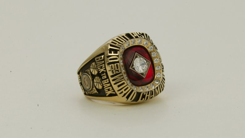 The ring for the 1989-90 Detroit Pistons featured a large diamond surrounded by 20 smaller diamonds. On the side of the ring are the words "back to back" -- signifying the team's consecutive championships.