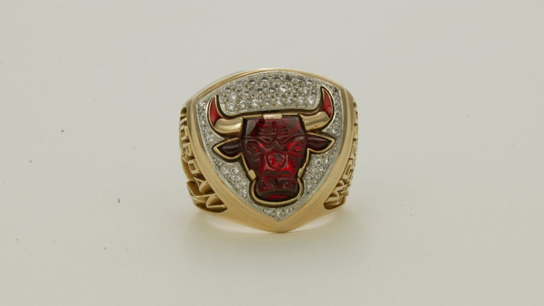The Chicago Bulls' ring in 1993 featured a jewel-encrusted red bull. Note the name Jordan -- as in Bulls iconic guard Michael Jordan -- on the side of the ring.