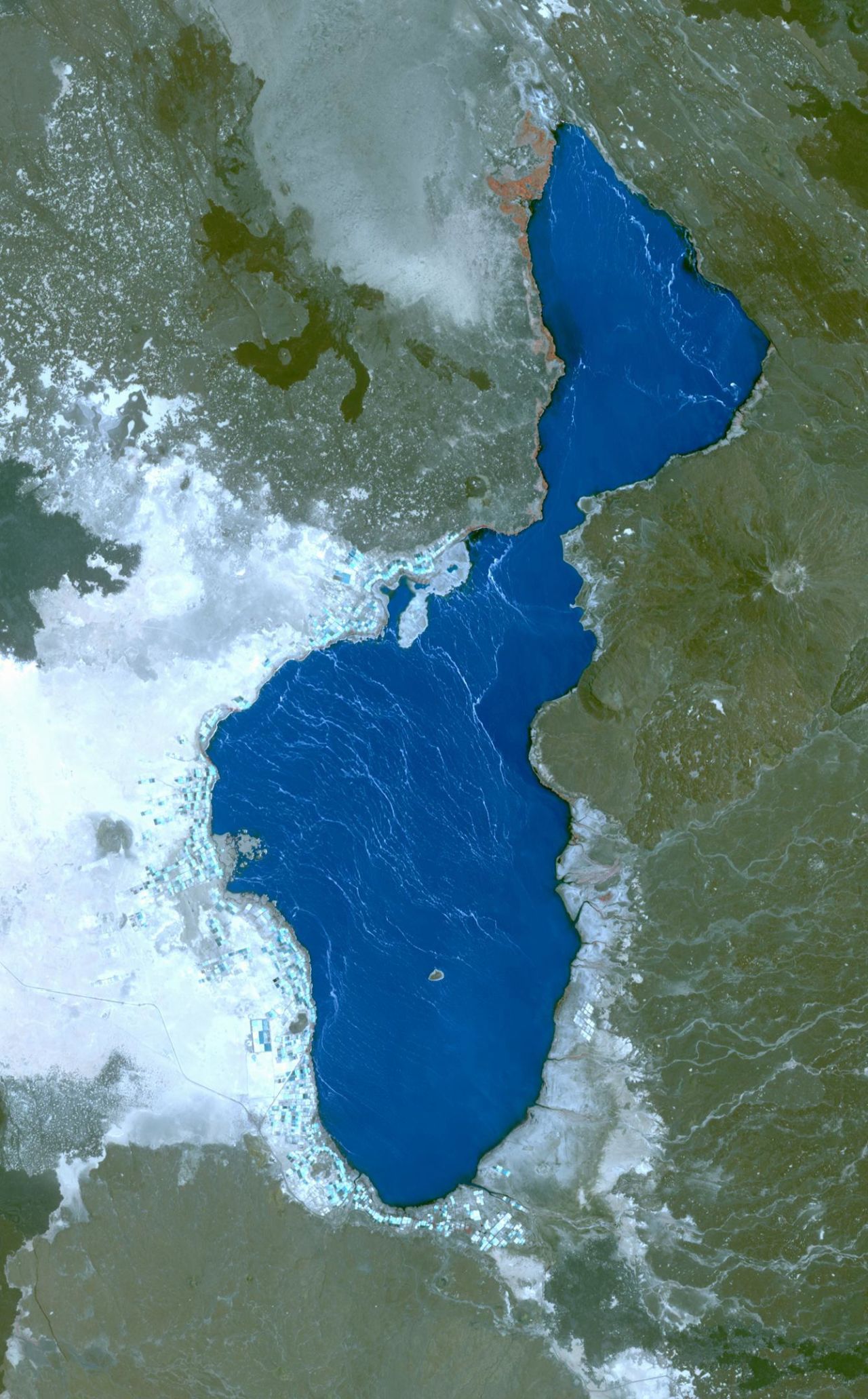 This hypersaline lake, called Lake Afrera, is in the Danakil Depression in northern Ethiopia, it can be seen in this image taken by the NASA Terra spacecraft in 2014.