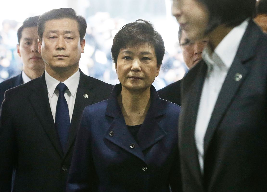 Ousted South Korean President Park Geun-hye arrived for questioning on March 30, 2017.