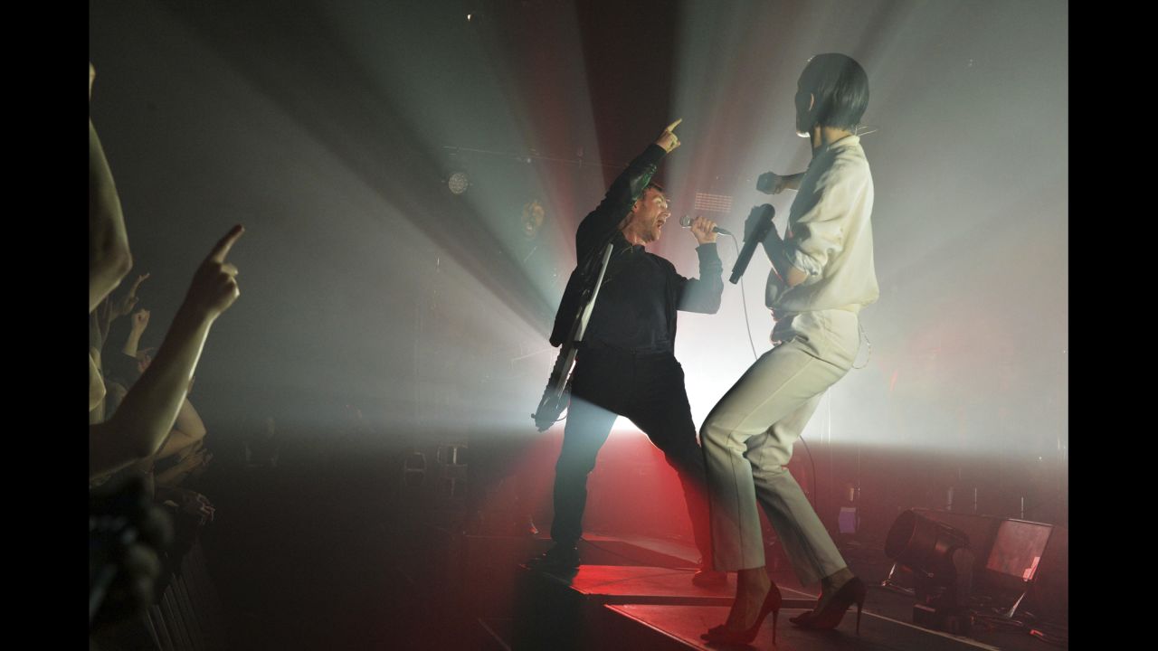 Damon Albarn, left, and Jehnny Beth perform in London as the virtual band Gorillaz plays its new album, "Humanz," on Friday, March 24.