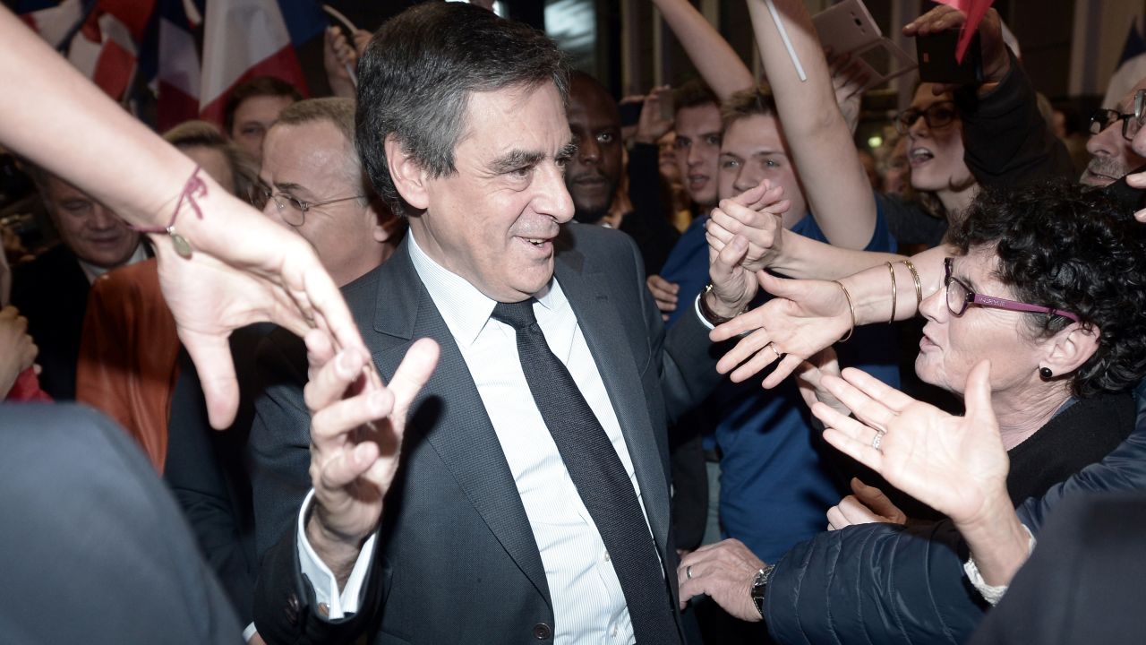 French presidential candidate Francois Fillon arrives for a campaign meeting in Biarritz, France, on Friday, March 24. Fillon and his wife, Penelope, remain at the center of <a href="http://www.cnn.com/2017/02/01/europe/french-investigation-penelope-fillon/" target="_blank">a formal corruption investigation.</a> In February, the investigative newspaper Le Canard Enchaine published allegations that Penelope and two of the couple's adult children were given no-show jobs that earned them nearly 1 million euros ($1.08 million). Both Francois Fillon and Penelope Fillon have denied the allegations. 
