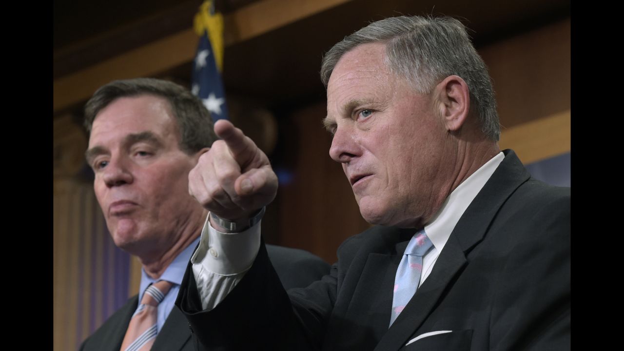 US Sen. Richard Burr, chairman of the Senate Intelligence Committee, points to a reporter during a news conference in Washington on Wednesday, March 29. The Senate is also conducting a Russia investigation, but unlike the House it has not stalled along partisan lines. Burr and Sen. Mark Warner, the top Democrat on the committee, were laughing, smiling and generally collegial during <a href="http://www.cnn.com/2017/03/29/politics/senate-russia-investigation-comparison/" target="_blank">Wednesday's news conference</a> when they announced they have 20 witnesses they plan to interview.