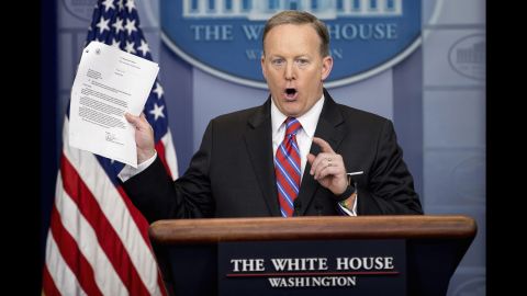 White House press secretary Sean Spicer holds up a document during his daily news briefing in Washington on Tuesday, March 28. <a href="http://www.cnn.com/2017/03/28/politics/sally-yates-house-intelligence-hearing-white-house/" target="_blank">Spicer said</a> the White House does not seek to prevent Sally Yates, the former acting attorney general, from testifying in the House Intelligence Committee's investigation of Russian meddling. The statement came after <a href="https://www.washingtonpost.com/world/national-security/trump-administration-sought-to-block-sally-yates-from-testifying-to-congress-on-russia/2017/03/28/82b73e18-13b4-11e7-9e4f-09aa75d3ec57_story.html" target="_blank" target="_blank">a Washington Post report,</a> which cited a Justice Department letter to Yates' attorney that said Yates' communications with the White House counsel "are likely covered by the presidential communications privilege." Spicer said the White House does not believe executive privilege should be an issue in Yates testifying.