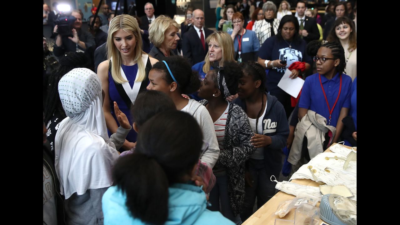 Ivanka Trump, the President's daughter, greets female students in Washington while touring the National Air and Space Museum on Tuesday, March 28. Education Secretary Betsy DeVos was also touring the museum to celebrate Women's History Month and encourage girls to study science, technology, engineering and mathematics. 