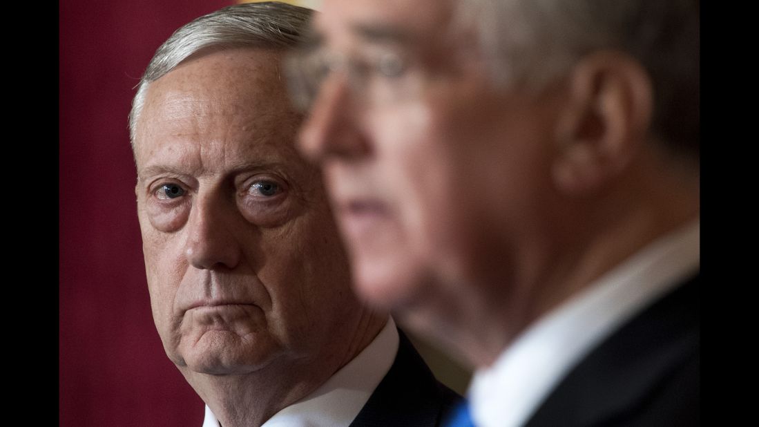 US Defense Secretary James Mattis, left, attends a news conference in London with his British counterpart, Michael Fallon, on Friday, March 31.