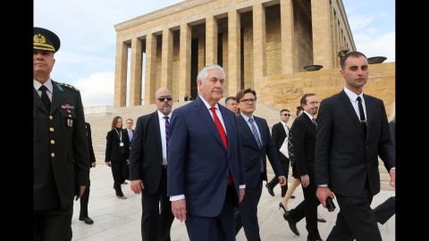 US Secretary of State Rex Tillerson, center, leaves a wreath-laying ceremony at Anitkabir, the mausoleum of Turkey's modern founder in Ankara, Turkey, on Thursday, March 30. Tillerson met Turkish leaders a day after Ankara announced the end of its military offensive in Syria.