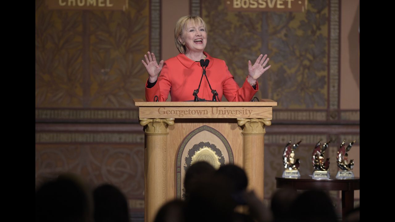Hillary Clinton speaks at Georgetown University in Washington on Friday, March 31. The former secretary of state <a href="http://www.cnn.com/2017/03/31/politics/hillary-clinton-donald-trump-budget/" target="_blank">was speaking</a> at an event honoring women who contributed to the recent peace process between the Colombian government and FARC rebels. She talked about the important role that women can play in international politics and peace-building efforts.
