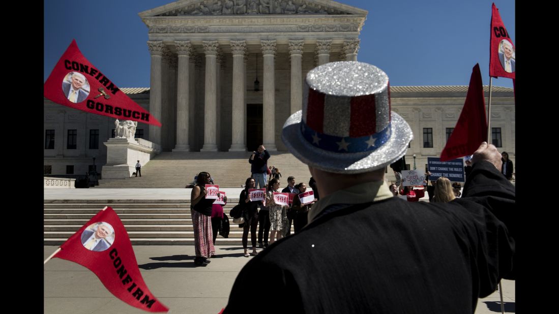 People gather in front of the US Supreme Court to protest and support the nomination of Neil Gorsuch on Wednesday, March 29. The Senate plans to <a href="http://www.cnn.com/2017/03/28/politics/mitch-mcconnell-neil-gorsuch-confirmation/index.html" target="_blank">vote on Gorsuch </a>on April 7, according to Majority Leader Mitch McConnell.