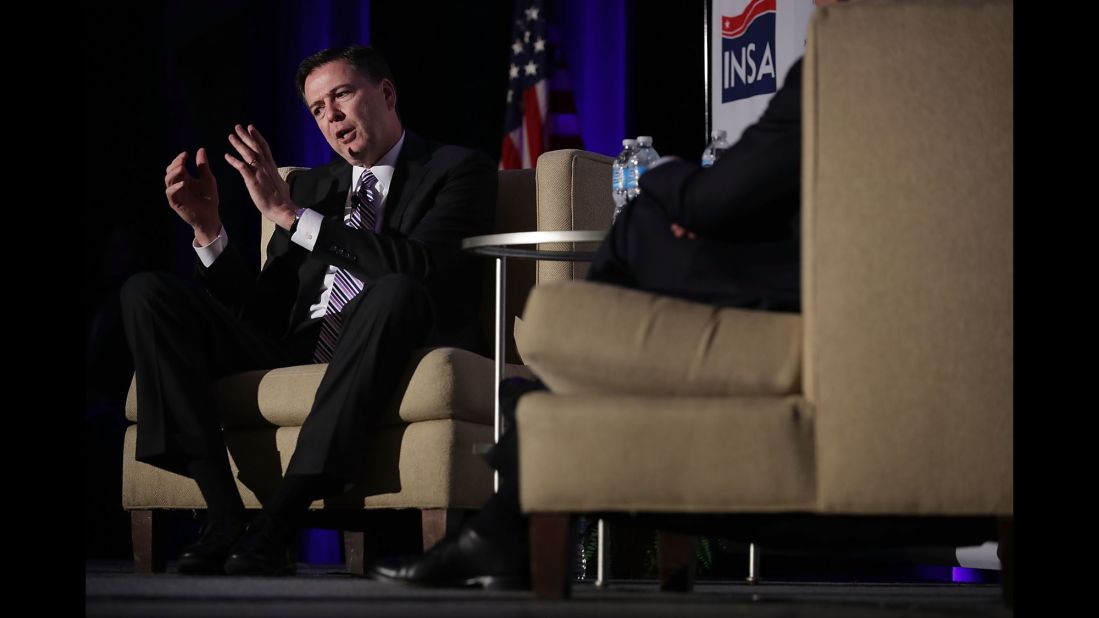 FBI Director James Comey speaks at the Intelligence and National Security Alliance Leadership Dinner, which was held in Alexandria, Virginia, on Wednesday, March 29. <a href="http://www.cnn.com/2017/03/29/politics/james-comey-fbi/" target="_blank">During a question-and-answer session,</a> Comey said his agency makes its decisions on a nonpartisan basis, and he said he doesn't care about the political backlash of the choices he makes.