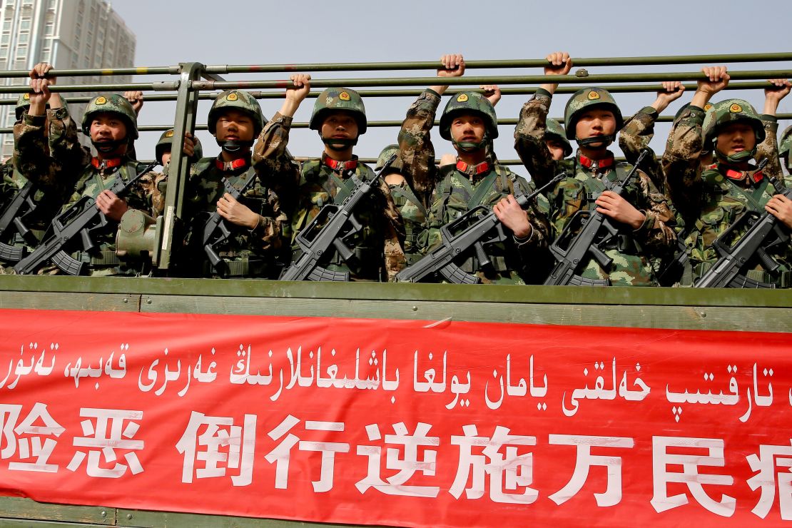 An anti-terrorist oath-taking rally in Xinjiang in February.